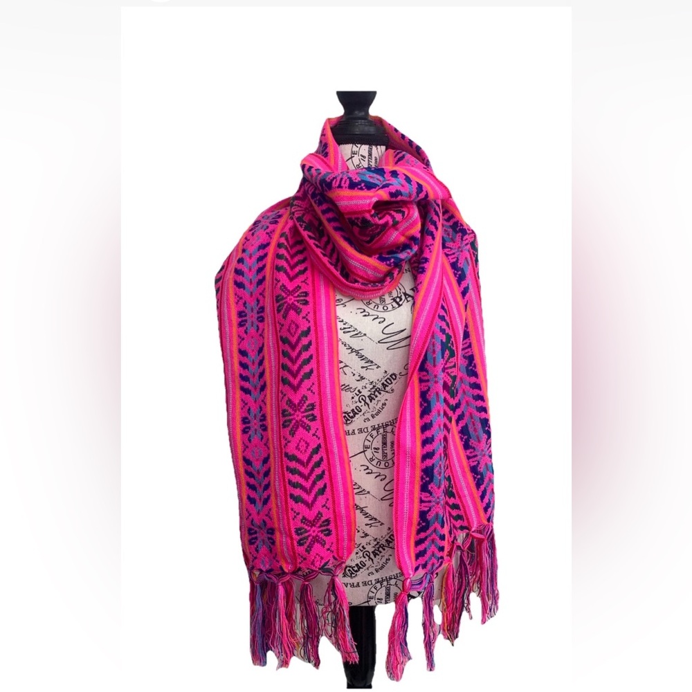 Mexican Rebozo Shawl Vibrant Pink Colorful Bohemian Festival